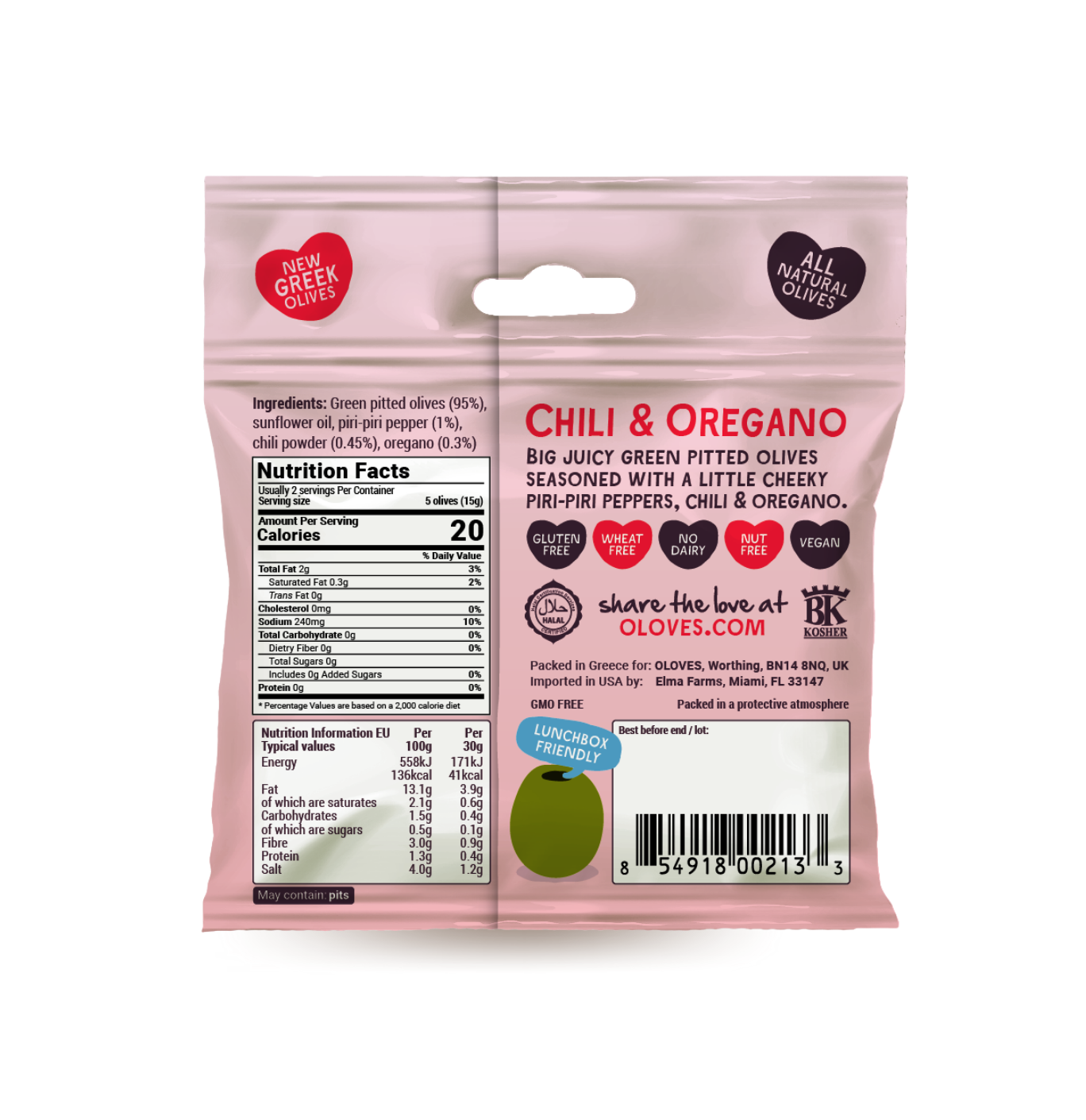 Oloves -  Chili & Oregano Pitted Green Olives 1.1oz/10ct